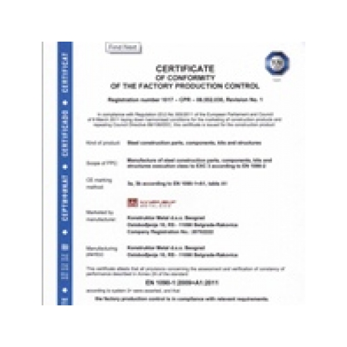 Certificate of conformity of the factory production control, KMetal