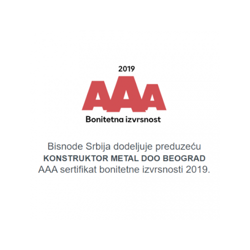 Sertifikat AAA boniteta Konstruktor Metal 2019 